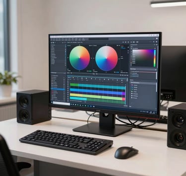 A detailed shot of a modern editing suite in a North American production house. A large monitor displays color grading software with vibrant cinematic tones. The room is styled in off white and charcoal blue, reflecting an innovative and professional creative workspace.