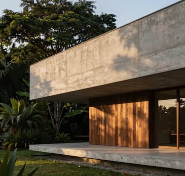 An architectural detail of a modern, minimalist building in Brazil, featuring clean lines and natural textures like smooth concrete and dark wood. The lighting is the warm, golden light of late afternoon. Colors are earthy, with deep greens from surrounding tropical foliage and slate gray accents.