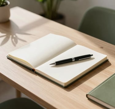 A minimalist, close-up shot of a designer's desk in a sunlit South American studio. A clean wooden surface features a high-end sketchbook and a sleek pen. Soft shadows from indoor plants are cast across the surface. The scene is dominated by off-white and olive green tones, reflecting a professional and calm atmosphere.