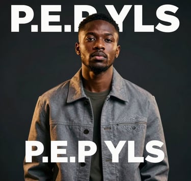 A premium album cover featuring a high-fashion portrait of P.E.P YLS. He is wearing a custom-tailored jacket in #3D2C20 with subtle Nigerian embroidery. The lighting is cinematic and warm, highlighting his artistic depth. The composition is minimalist and modern, set against a dark #0A0A0A backdrop.