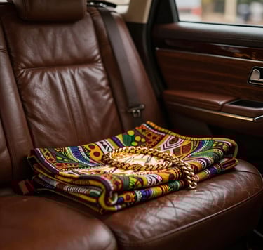 An artistic album cover showcasing a fusion of Nigerian and American cultures. It features a luxury vintage interior with textures of fine leather and wood (#3D2C20). A soft spotlight illuminates a gold chain resting on a traditional cloth. The vibe is powerful, confident, and sophisticated.