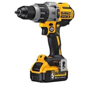 Yellow and black DeWalt 20V Max XR cordless hammer drill with battery pack.