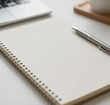 A close-up shot of high-quality design materials, such as a sleek silver pen and a professional notebook, on a desk with colors like #E0E1DD. The lighting is soft and natural, emphasizing a clean and inviting creative workspace.