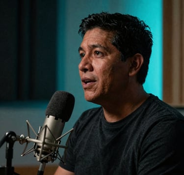 A cinematic close-up of a professional musician in a South American / Colombian recording booth, moody atmosphere with electric neon cyan backlighting and deep charcoal black shadows, focused and inspired expression.