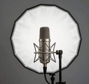 A modern studio scene in a South American / Colombian urban setting, featuring a professional microphone on a stand, soft cloud white lighting against a gunmetal grey background, high-quality cinematic texture.
