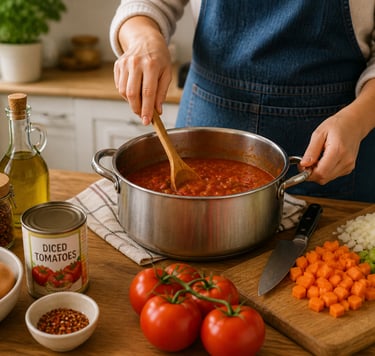 A person making spaghetti sauce.from scratch. 