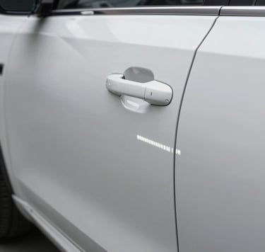 The 'After' shot of the same car door. The dent is completely gone, and the reflection of the PDR LED light is now perfectly straight and uniform. The original factory paint looks flawless and glossy, emphasizing professional quality and craftsmanship.