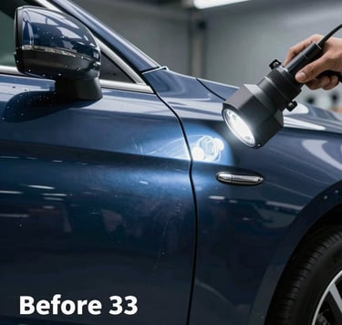 A close-up 'Before' shot of a large dent on a metallic car door in a high-end workshop. A specialized PDR LED light reflects off the panel, showing the distortion of the lines against the navy blue paint. Professional and sharp lighting.