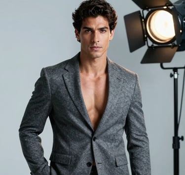A high-fashion studio shot of a charismatic man in a slate gray blazer, posing with a confident and sophisticated look. Professional studio lighting against a light blue-gray background. South American / Brazilian context, modern and elegant aesthetic.