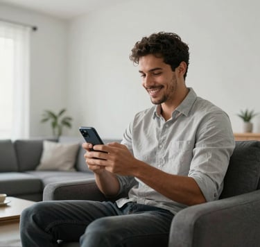Professional photography of a stylish Brazilian man sitting in a light-filled modern apartment, holding a smartphone and looking at it with a charismatic smile. The interior is minimalist with soft white walls and charcoal gray furniture. Natural morning light, elegant and clean composition.