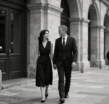 A professional black and white portrait of a couple walking through a North American / European architectural setting. The image features high contrast with deep charcoal black shadows and soft off-white highlights, embodying timeless elegance.