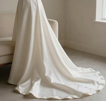 A minimalist detail shot of a wedding gown's silk fabric in soft off-white, draped elegantly over a warm cream chair in a sunlit North American / European studio. The lighting is soft and diffused, emphasizing texture and a sense of luxury.