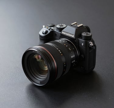 A clean, minimalist still life of professional photography equipment including a high-end camera and lens on a sleek black surface, soft highlights, monochromatic palette with dark gray and black tones, International / Professional.