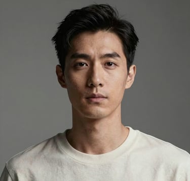 A professional high-end editorial portrait of a person in a minimalist studio setting, soft directional lighting, neutral tones of off-white and charcoal gray, sophisticated and calm atmosphere, International / Professional style.