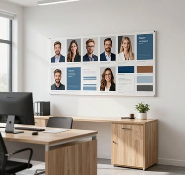 A sophisticated Scandinavian-style agency office interior. Minimalist light oak furniture, a clean white wall with a mood board featuring diverse talent headshots and color swatches. Soft, natural daylight, professional atmosphere with #74A8AE accents.