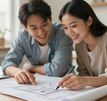 Candid, warm photograph of a young couple leaning over a large architectural blueprint, smiling as they point to a detail. The lighting is bright and natural, reflecting an inviting home atmosphere. The technician's hand, holding a charcoal (#2F4F4F) pen, is visible. The overall mood is storytelling and personal.