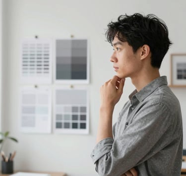 A professional and minimalist portrait of a graphic designer in a bright studio. The designer is looking thoughtfully at a mood board. Soft, natural morning lighting highlights clean lines. The environment uses a palette of #F8F8F4 and #A0A696, reflecting refined creativity and a strategic aura.