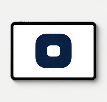 A top-down detailed shot of a minimalist workspace. A professional tablet shows a geometric logo being constructed with grid lines. Meticulous attention to detail is evident. The color palette features deep #0F1E2E and professional #4A5763 against a clean white surface.