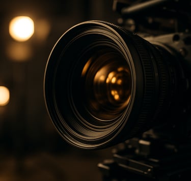 A close-up photograph of a professional high-definition cinema camera lens reflecting soft, warm studio lights. The composition is sleek and sharp, set within a North American film studio. The color palette features deep charcoal and muted gold highlights, evoking high-end craftsmanship and cinematic grandeur.