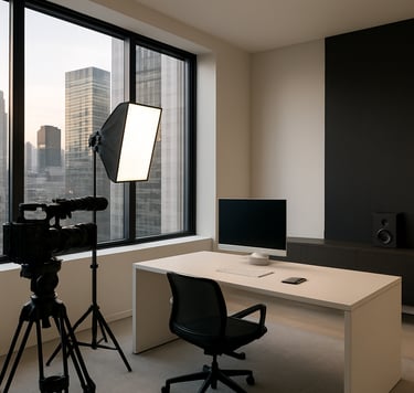 A sophisticated wide-angle shot of a modern, minimalist production office in a major North American city. Soft evening light filters through large windows, highlighting professional equipment and an elegant interior design with off-white and charcoal tones.