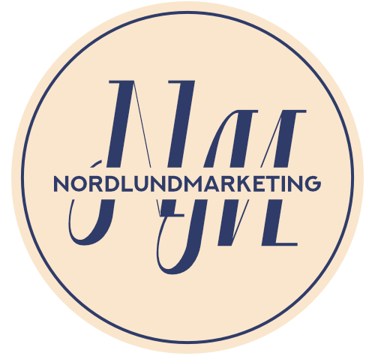 Nordlund Marketing circular logo with blue stylized letters NM on a cream background.