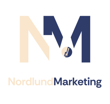Nordlund Marketing logo with blue and tan NM initials and upward arrow icon on a black background.