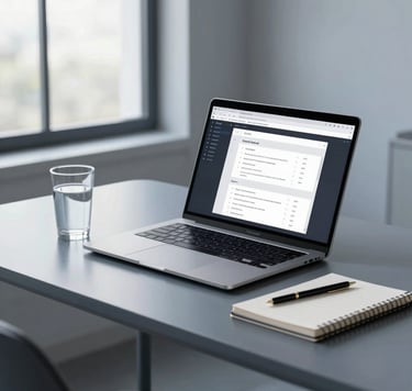 A high-end, minimalist home office desk of a North American tech consultant. An open premium laptop displaying clean software architecture, a glass of water, and a sleek notebook. Soft morning light coming through a large window, creating subtle shadows. Professional, minimalist mood, incorporating light blue and slate gray tones.