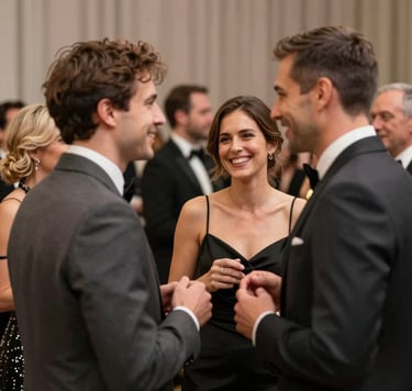 A vibrant event photograph capturing a joyful interaction between attendees at a sophisticated gala. The lighting is warm and natural, highlighting genuine expressions. The composition is human-centric and elegant, featuring background tones of muted taupe (#8C847E) and sharp dark grey (#403B3B) in formal attire.