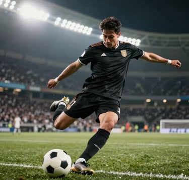 High-intensity sports photography of a soccer player mid-kick during a night match under bright stadium lights. Dramatic shadows, dynamic motion blur, and a focus on raw emotion. Colors incorporate the palette's deep blacks (#0D0D0D) in the jersey and bright off-white (#F2F1ED) in the lighting flares.