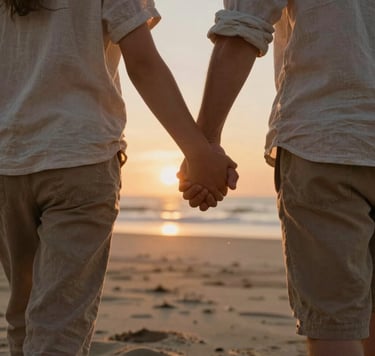 Close-up of a family holding hands while walking on a soft sand beach during a warm North American sunset. Cinematic lighting, capturing the authentic texture of casual linen clothing and gentle movement against a golden horizon.