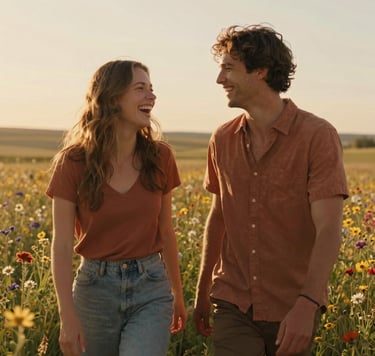 A cinematic lifestyle shot of a young couple laughing together in a sun-drenched wildflower meadow in the North American countryside. The lighting is golden hour, with warm terracotta tones and a soft sand-colored glow. High-quality photography capturing authentic emotions with a shallow depth of field.
