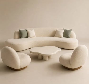 Modern Organic Living Room Furniture: Curved Sofa, Sculptural Chairs & Organic Coffee Table. Eftelt Home Decoration