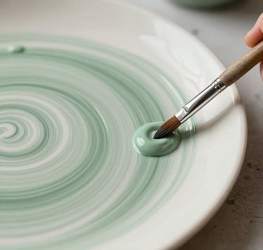 Macro photography of an artist's ceramic palette with elegant swirls of sage green and off-white acrylic paint. A clean, fine-tipped brush is resting on the edge. The setting is a sophisticated, contemplative art studio environment in the US.
