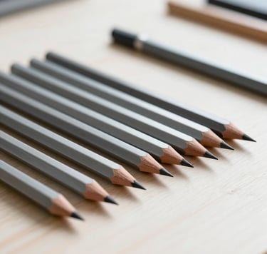 A close-up photograph of professional graphite pencils of varying hardness organized on a minimalist light wood desk in a bright North American art studio. The lighting is soft and natural, highlighting the silver-gray and dark charcoal leads against the off-white surface.