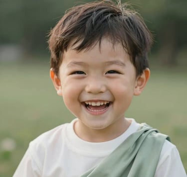 Close-up portrait of a laughing child in a West Michigan outdoor setting. Soft natural light highlights genuine emotion. The background is a soft blur of sage silk and creamy white tones. Timeless and elegant composition.