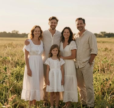 A candid family portrait in a sun-bleached meadow in West Michigan. The family wears soft off-white and warm beige linens. The lighting is golden and hazy, creating a light and airy atmosphere. Professional lifestyle photography with natural beauty.