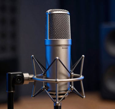 Close-up photography of a high-end studio microphone in a professional Spanish recording studio. The lighting is moody and sophisticated with dark navy and steel blue highlights, emphasizing the metallic textures and technical precision of the equipment.