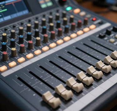 Detailed shot of an audio mixing console with sharp focus on the illuminated faders and buttons. The scene is set in a modern studio in Southern Europe, using a color palette of dark navy and light cream light reflecting off the technical interface.