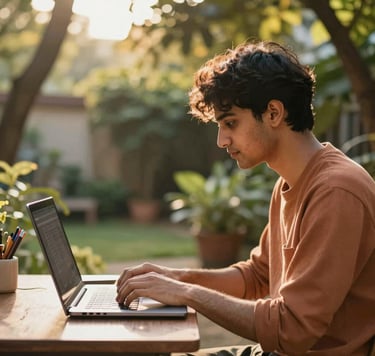 A cinematic, candid shot of a young software developer and M.Tech student working on a laptop in a sun-drenched outdoor garden. Warm, golden hour lighting filters through the trees. The palette includes soft sand #F7F4E9 and hints of terracotta #D1A689 in the clothing and surroundings.