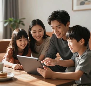 An authentic and warm interaction showing the developer explaining a project on a tablet to a smiling family. The environment is a cozy, modern living room flooded with soft, natural sunlight. Style is cinematic and lifestyle-oriented, using charcoal #3A3B3C and deep terracotta #8C5845 in the interior decor.