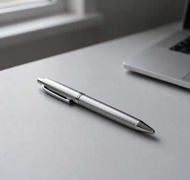 A minimalist, artistic still life photograph of a single sleek silver pen resting on a clean light gray textured surface in a Northern European design studio. Soft, diffused natural light from a side window creates delicate shadows. The palette is dominated by light gray and dark gray tones, emphasizing a professional and refined mood.