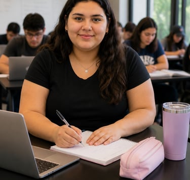 Mujer de 18 años en la escuela. La nutrición debe adaptarse a tu vida.
