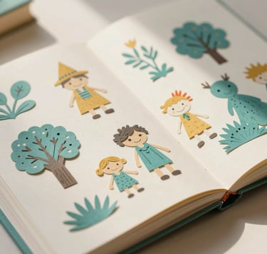 A bright, high-angle shot of an open children's book featuring whimsical paper-cutout art. The scene is illuminated with warm, natural light. Elements of #D4B281 sand-gold and #7A9E9F teal are woven into the illustrations. The style is scholarly yet imaginative, reflecting a librarian's creative touch.
