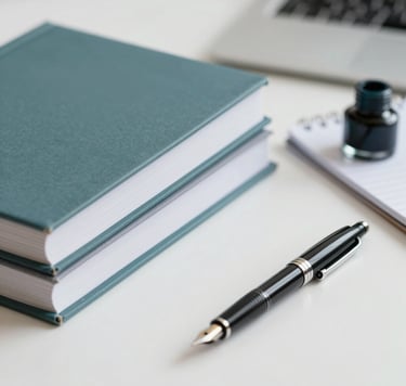 A sophisticated close-up of a stack of academic journals and a sleek fountain pen resting on a clean white desk. A subtle splash of #7A9E9F teal ink is visible on a notepad nearby. The lighting is crisp and professional, symbolizing scholarly rigor with a touch of modern design.