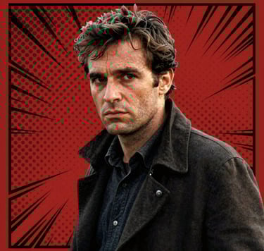 A medium shot in the style of Jean-Luc Godard's 'Pierrot le Fou'. A man looking intensely to the side, high contrast lighting, heavy film grain. The background is a flat #D4202B red with a large halftone dot pattern in #1A1A1A. Graphic comic book thick black outlines.