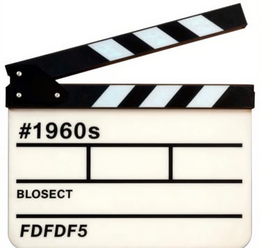 A graphic illustration of a vintage 1960s film clapperboard. Bold black #1A1A1A outlines, flat #0050B3 blue and #FDFDF5 off-white panels. Pop Art style with visible halftone trames and film texture.