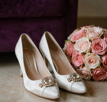 Exquisite bridal details in a Gulf wedding setting. A pair of luxury bridal shoes next to a soft rose bouquet. The background features Deep Purple and Soft Rose accents with warm, inviting lighting.