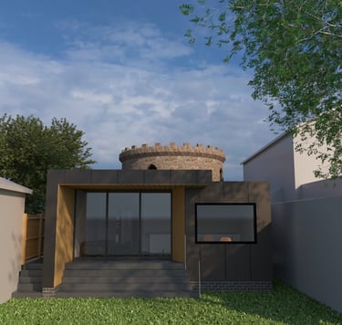 Modern home extension with large glass doors aginst listed stone tower in the background.