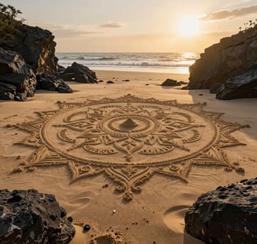A wide, candid shot of a sprawling sand art mandala on a cinematic beach. Dark charcoal rock formations frame the edges of the frame, and the golden hour sun casts a warm, inviting glow over the entire landscape.