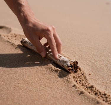 A cinematic, close-up photograph of a hand gently dragging a piece of driftwood through soft sand, creating a textured line. The lighting is warm and sun-drenched, with terracotta tones in the shadows and a soft sand palette.